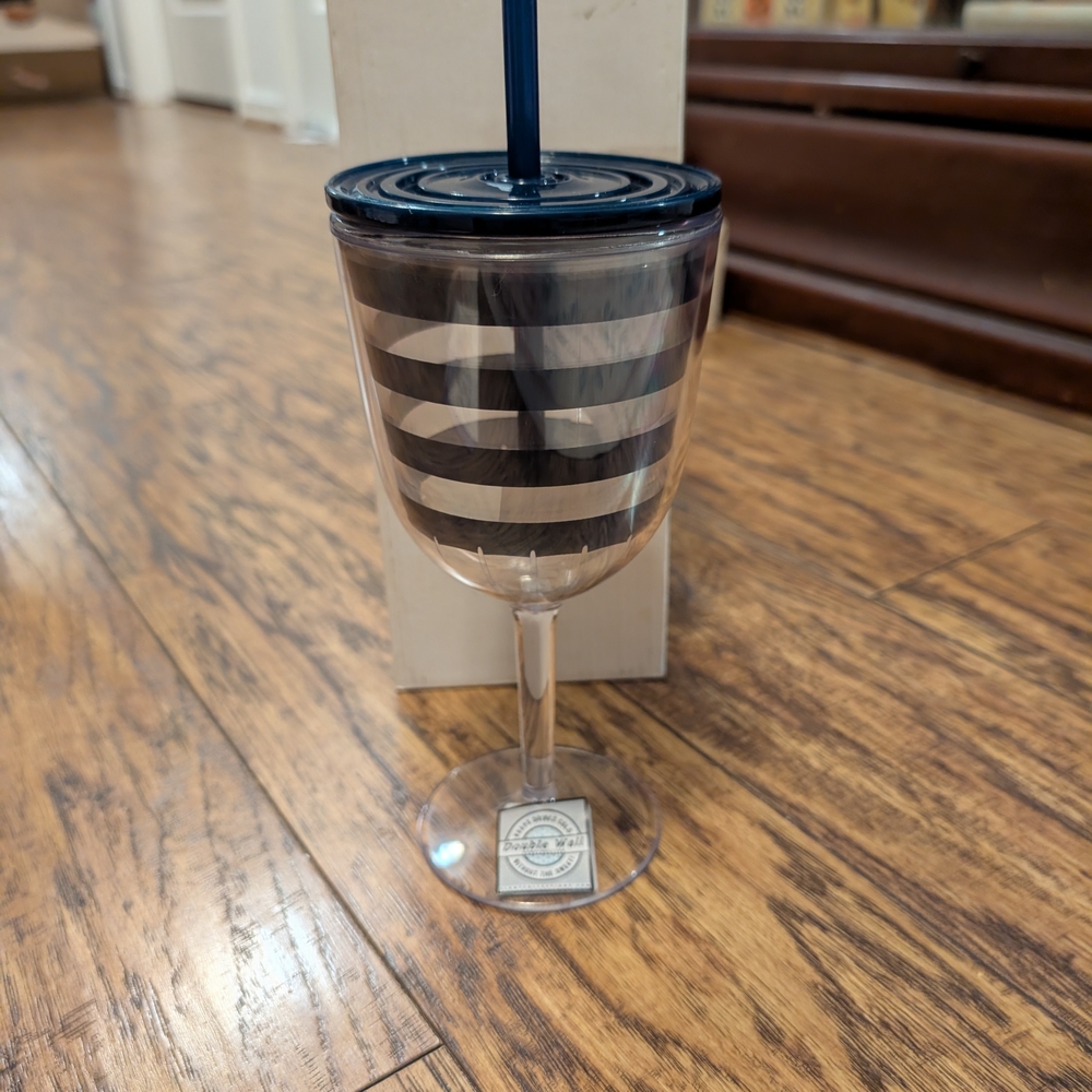 💥3/$24 Elegant‎ Blue Striped Wine Glass with Lid and Straw